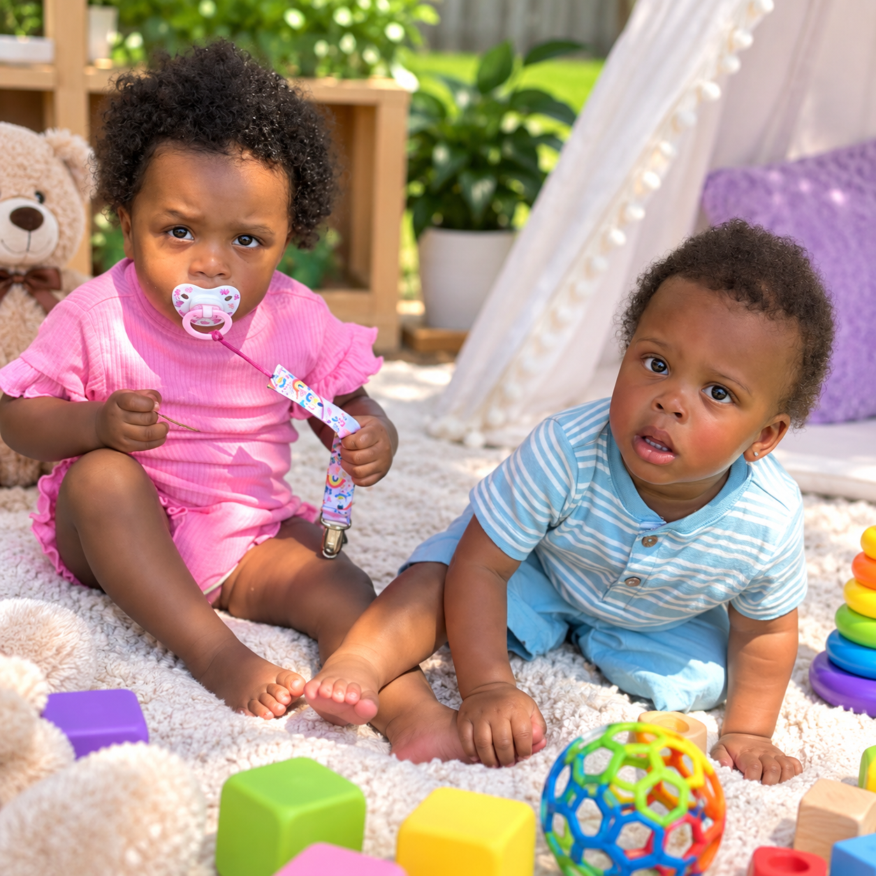 Two toddlers sitting together on a soft rug surrounded by colorful building blocks and toys — the joyful, hands-on learning environment of our Little Discoverers program