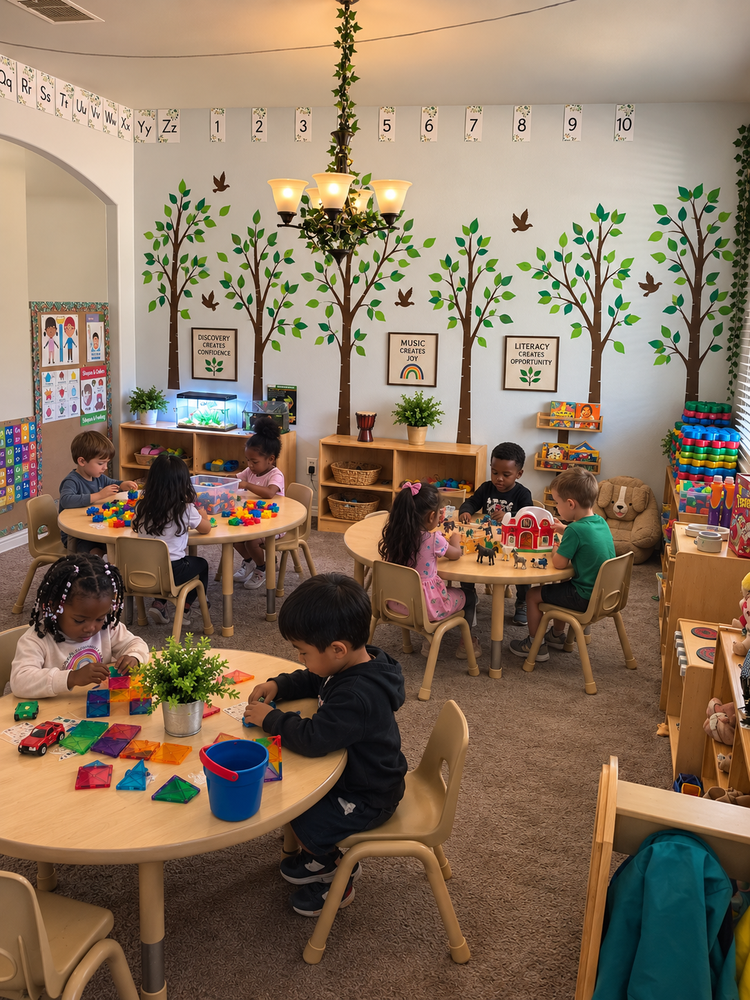 Children engaged in hands-on learning at round tables in the Little Voyagers classroom, surrounded by colorful building materials, books, and nature-inspired wall art